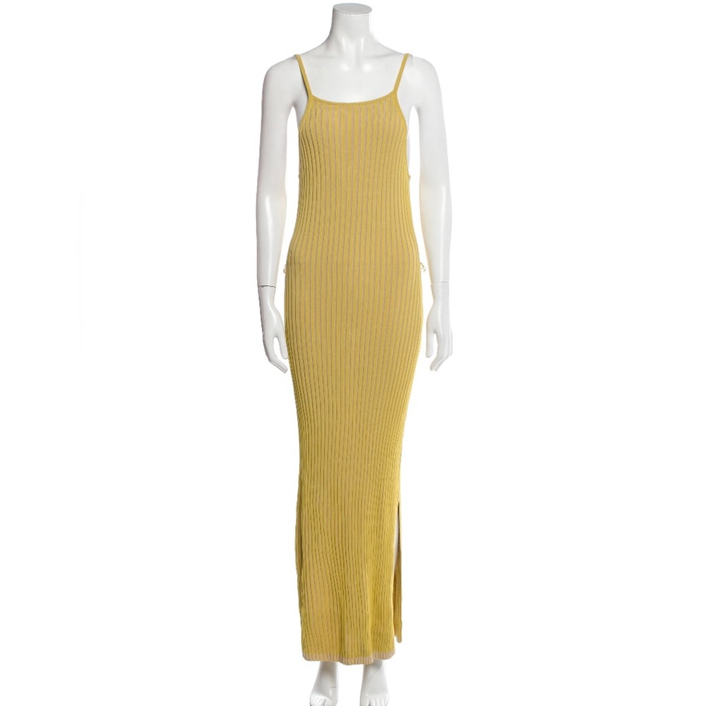 M2 Nicholas Ribbed Knit Yellow Bodycon Sexy Long Dress Side Slit Vacation Dress